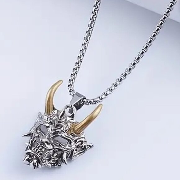 Necklace Demon Devil Mask Pendant Stainless Heavy Chain Goth Punk Edgy Rock - Picture 4 of 6